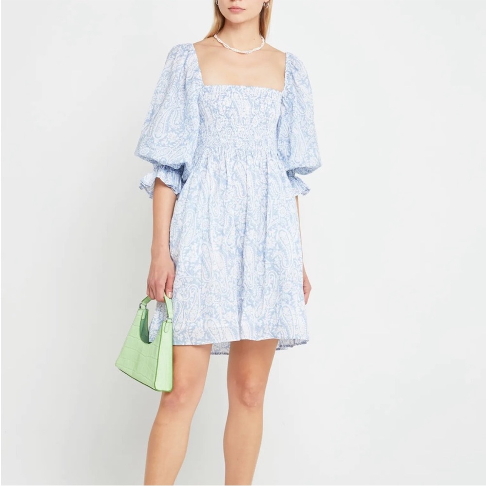 Kourt Portia Smocked Mini Dress in Blue Paisley Print SZ M VGUC